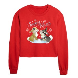 Disney Christmas - Snowy Bunny Kisses Cropped Long Sleeve Crew Neck Sweatshirt - Red - X-Large - 1 of 3
