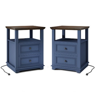Vipbear Modren Nightstand 18 in End Table with Charging Station Rustic Wood Tall Bedside Table with 2 Drawers Storage Small Dresser Open Shelf