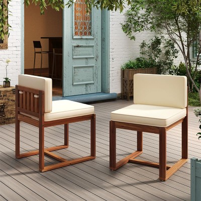 Outdoor Dining Chairs Set of 2, Acacia Wood Armless Patio Chairs with Upholstered Cushion for Balcony, Patio Dining Room-Tanpinhause