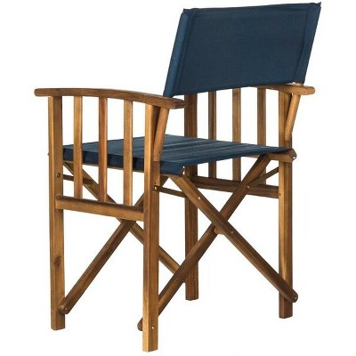 Natural Teak Brown and Navy Acacia Wood Director Arm Chairs, Set of 2