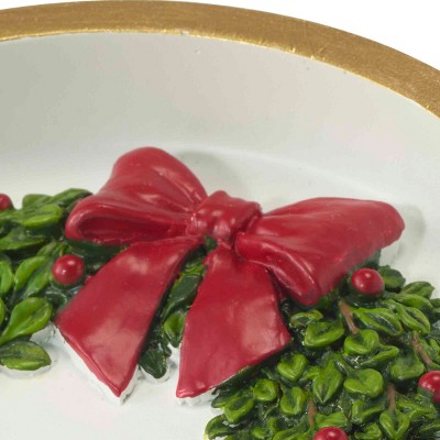 Holiday Wreath Red Bow Blue Rim Resin Soap Dish