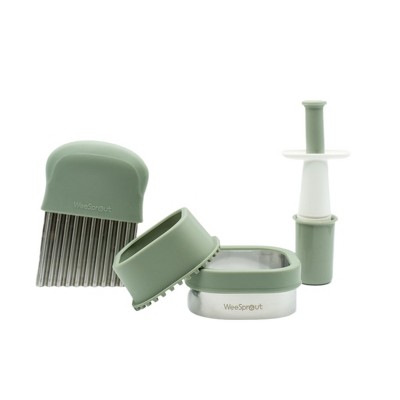 WeeSprout Baby Led Weaning Kitchen Tool Set, Includes Crinkle Cutter, Grape Cutter & Sandwich Cutter, Matte Green