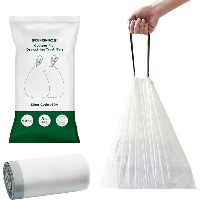 SONGMICS Trash Bags for 8-Gallon (30L) Trash Cans, Drawstring Kitchen Garbage Bags, Pre-Separated, Liner Code 30A, 1 of 9
