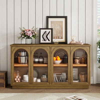 57.7" Buffet Cabinet with Arched Glass Doors,Large Storage Sideboard with Adjustable Shelves for Kitchen Dining Living Room-Baofuwish