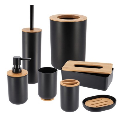 Evideco French Home Goods Padang Collection 7-Piece Bathroom Accessory Set with Bamboo Accent – Soap Dispenser, Tumbler, Soap Dish....