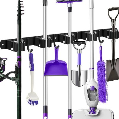 LunaLulinlk Broom Mop Holder Wall Mount with 5 Slots 4 Hooks Broom Hanger Self Adhesive Matte Steel Garage Rack