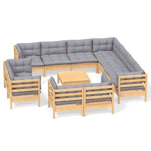 vidaXL Solid Pinewood Patio Lounge Set 12 Piece with Cushions - Brown and Gray - 1 of 4