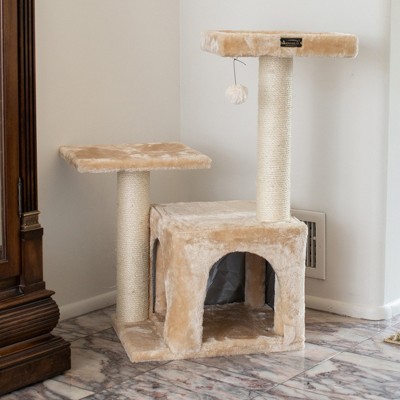 Beige Sisal and Plush 32-Inch Cat Tree with Playhouse