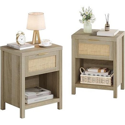 Gerrico 20" Rattan Nightstand Boho End Table with Drawer and Storage Shelf, Farmhouse Cane Accent Bedside Night Stands for Bedroom Small Space Sofa