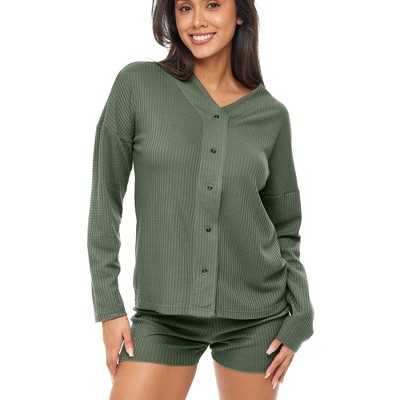 ADR Women's Pajamas Set, Soft Ribbed Knit Waffle Pajamas Lounge Set, Long Sleeve Sweater Top Shirt and Shorts