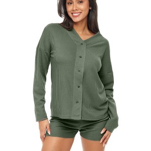 ADR Women's Pajamas Set, Soft Ribbed Knit Waffle Pajamas Lounge Set, Long Sleeve Sweater Top Shirt and Shorts - 1 of 4