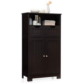 Tangkula Wooden Floor Storage Cabinet For Livingroom Bathroom Office w/Open Shelf, 2 Doors and 2 Drawers