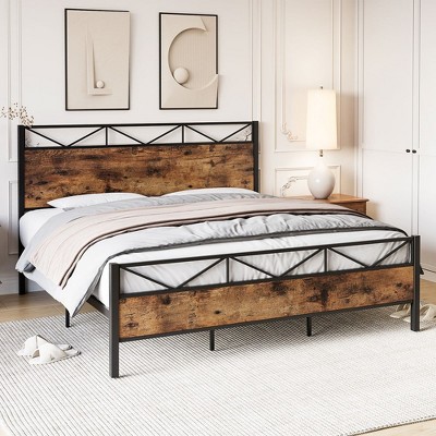 Whizmax Bed Frame with Rustic Wood Headboard, Metal Platform Bed Frame Heavy Duty, Sturdy Steel Slat Support