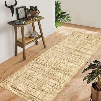 Washable Rug with Braided Print, Modern Low-Pile Non-Slip Carpet for Kitchen, Entryway, Bathroom, Bedroom – Stain Resistant, Natural Darkened