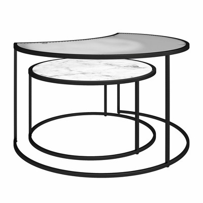 Lunar Crescent 34'' White Marble and Glass Nesting Coffee Tables