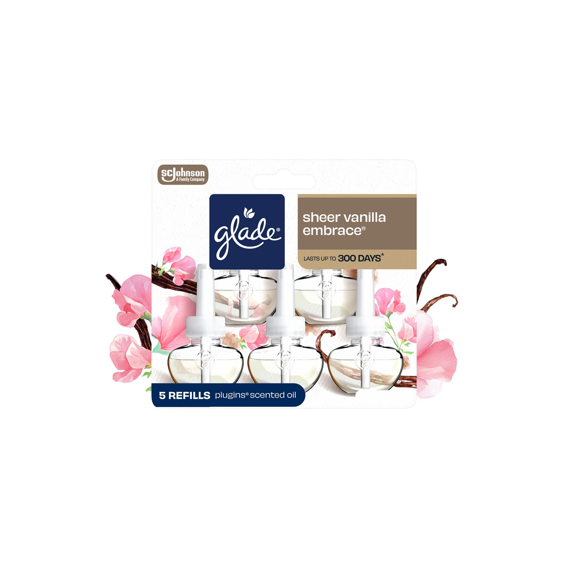 Glade Air Freshener Plug Ins Scented Oil Diffuser Refills - Sheer Vanilla Embrace - 3.35 fl oz/5pk: Paraben-Free, Phthalate-Free, Electric Powered
