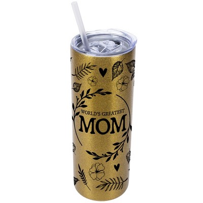 Elanze Designs Floral Vegas Gold 20 Ounce Double Wall Stainless Steel Glitter Travel Tumbler With Sliding Lid And Straw, World's Greatest Mom