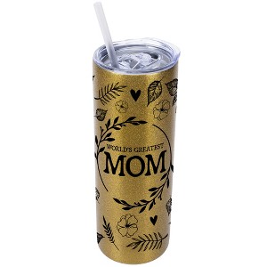 Elanze Designs Floral Vegas Gold 20 Ounce Double Wall Stainless Steel Glitter Travel Tumbler With Sliding Lid And Straw, World's Greatest Mom - 1 of 4