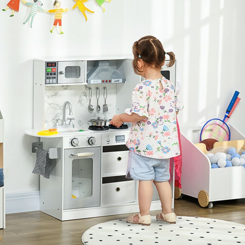 Qaba Play Kitchen Set for Kids, Kids Kitchen Playset w/ Lights Sounds, Apron and Chef Hat, Ice Maker, Microwave, Towel Rack, for 3-6 Years, White, 3 of 7