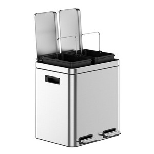 2 x 4 Gal (2 x 15L) Stainless Steel Dual Trash Can with Step-On Pedal, Soft Close Lid and Removable Inner Buckets, White Recycling Bin - 1 of 4