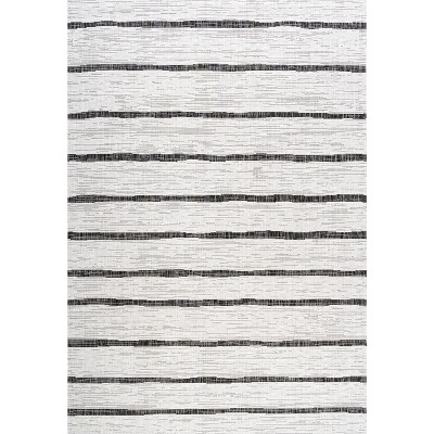 Ivory and Black Striped Synthetic 4' x 6' Indoor/Outdoor Rug