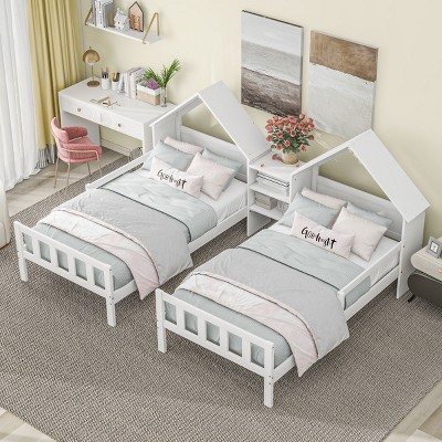 2 Twin Platform Beds, Solid Wood Frame with Built-in Nightstand, No Box Spring Needed, House Headboard - Baofuwish
