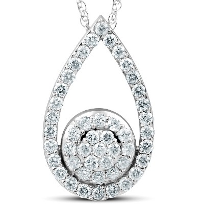 Pompeii3 1 1/10Ct Lab Created Diamond Circle Pear Shape Pendant 14k White Gold 1" Tall