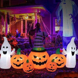 Tangkula 9FT Long Halloween Inflatable Pumpkins Self Inflating Halloween Pumpkin Patch Lanterns w/ 2 Ghosts LED Lights Waterproof Blower - 1 of 4