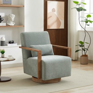 Modern Swivel Accent Chair, Upholstered Lounge Reading Chair with Solid Wood Arms, 360° Linen Blend Armchair for Living Room, Nursery-Koiai - 1 of 4