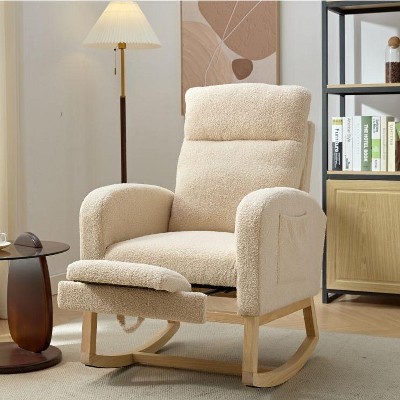 Okak Modern Rocking Accent Chair Armchair with Side Pocket and Upholstered Comfy High Backrest Glider Chair for Bedroom Lounge Nursery, Beige