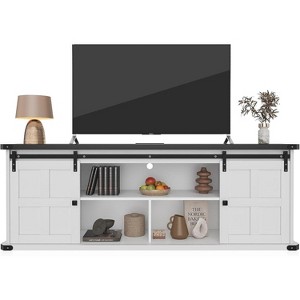 70“ Farmhouse TV Stand for 75 Inch TVs, Mid Century Modern TV Console Table with Sliding Barn Doors & Storage Cabinets for Living Room Bedroom - 1 of 4