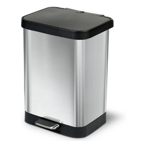 Glad Step Trash Can, Soft Close Lid Bin with Odor Protection, 13 Gal, Stainless - 1 of 4