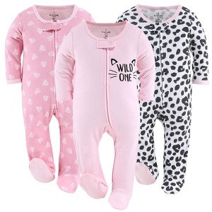 The Peanutshell Footed Baby Sleepers for Girls, Cheetah & Pink Hearts, 3-Pack, Newborn to 12 Month Sizes - 1 of 4
