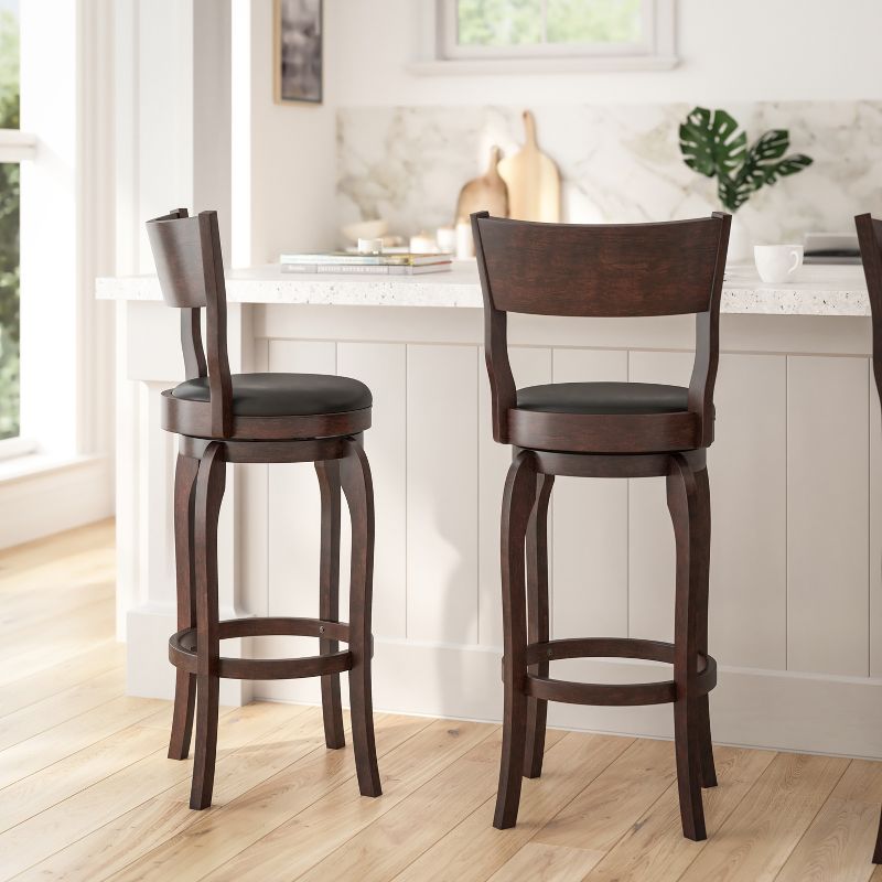Merrick Lane 30" Classic Wooden Open Back Swivel Bar Height Pub Stool with Upholstered Padded Seat and Integrated Footrest, 5 of 13