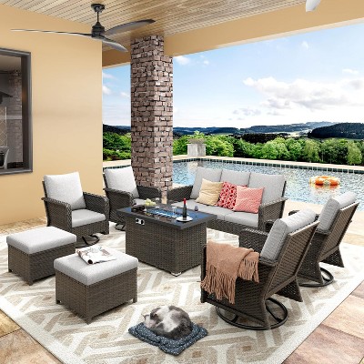 Patio Furniture Set 8 Peices with 44" Propane Gas Fire Pit Table, Outdoor Sectional Conversation Sofa Set with Swivel Chair for Porch Backyard, Beige