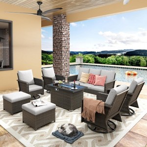 Patio Furniture Set 8 Peices with 44" Propane Gas Fire Pit Table, Outdoor Sectional Furniture Conversation Sofa Set with Cushion for Porch Backyard - 1 of 4