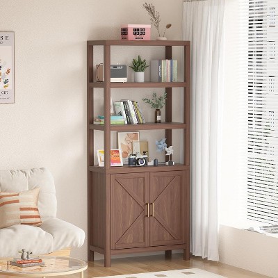 Homhougo Bookshelf with Doors, 71" Tall Bookshelf with Storage and Adjustable Shelves, 5 Tier Mid Century Bookcase with Cabinet, Walnut