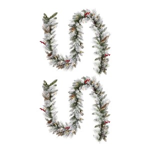 NOMA Snow Dusted Berry Pre Lit 9 Foot Flocked Christmas Holiday Garland with 162 Pine Tips and Battery Operated 35 Warm White LED Bulbs, (2 Pack) - 1 of 4