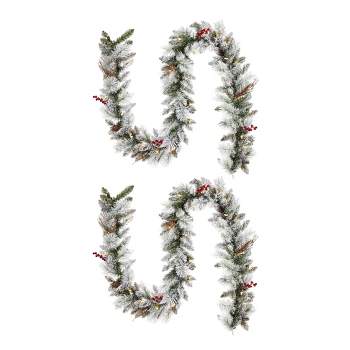 NOMA Snow Dusted Berry Pre Lit 9 Foot Flocked Christmas Holiday Garland with 162 Pine Tips and Battery Operated 35 Warm White LED Bulbs, (2 Pack)