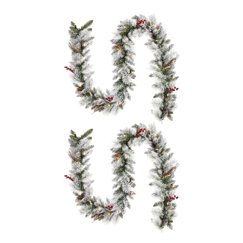 NOMA Snow Dusted Berry Pre Lit 9 Foot Flocked Christmas Holiday Garland with 162 Pine Tips and Battery Operated 35 Warm White LED Bulbs, (2 Pack), 1 of 7