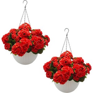 Coucheta Artificial Hanging Geraniums 2-Pack, UV Resistant Outdoor Flowers with White Baskets, Fake Plants for Porch Patio Garden Decor - 1 of 4