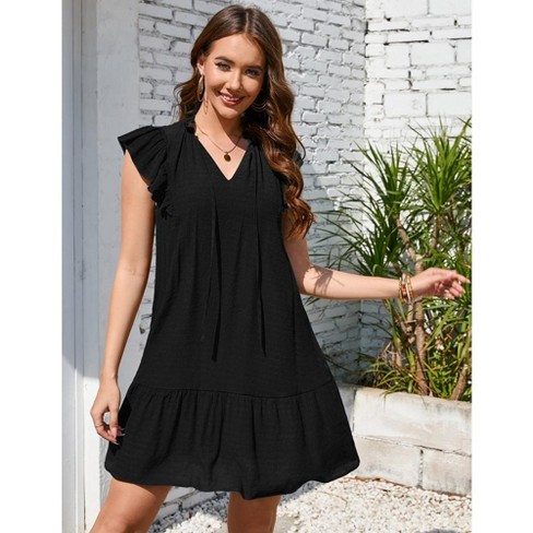 Flowy black dress with flutter cap sleeves best sale