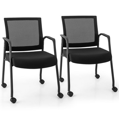 Tangkula 2 Pcs Office Guest Chairs on Wheels w/ Metal Frame & Armrests Mesh Back Office