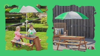 Natural Fir Wood Kids Picnic Table with Green Umbrella and Storage