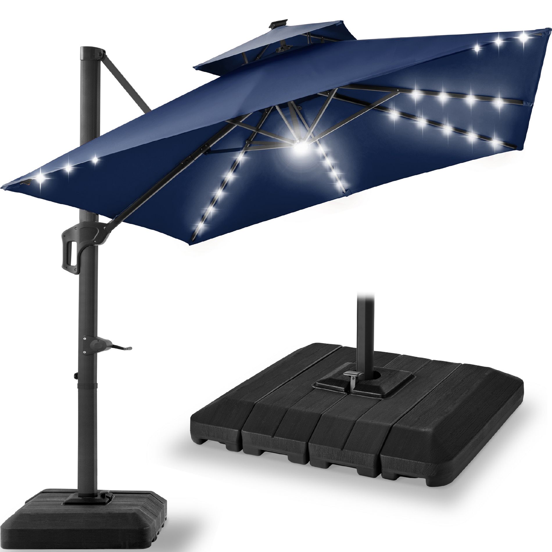 Best Choice Products 2-Tier Square Solar LED Cantilever Patio Umbrella – 10x10ft, 9x12ft, or 12x12ft w/ Base Included & 360° Rotation