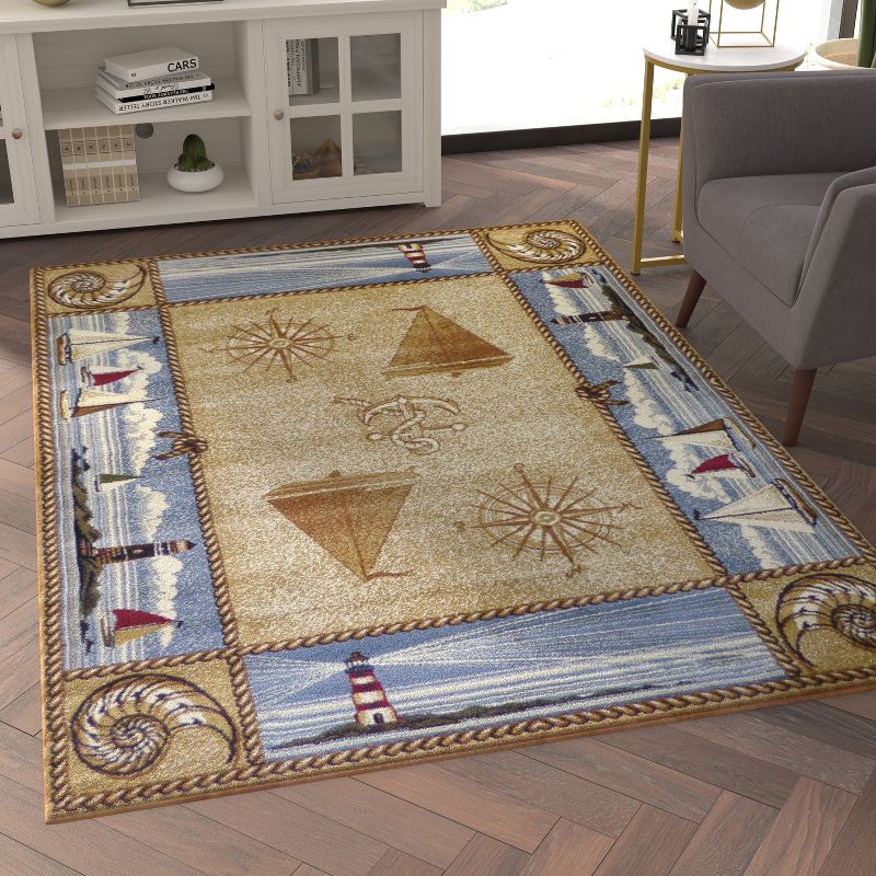 Emma and Oliver Nautical Theme Accent Rug with Coastal Scene Borders Featuring Sailboats, Lighthouses, Anchors, Compass Rose and Seashells, 3 of 7