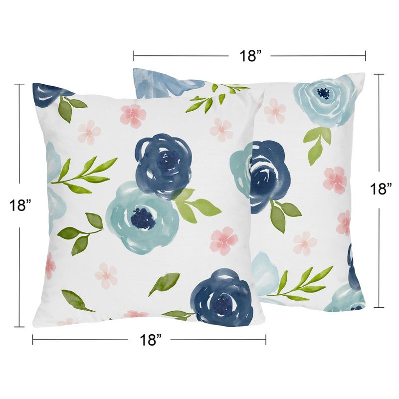 Sweet Jojo Designs Set of 2 Decorative Accent Kids' Throw Pillows 18in. Watercolor Floral Blue Pink and White, 4 of 6