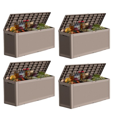 VisioGear Deck Boxes, 4-Piece 100 Gal Outdoor Storage Deck Box, Small Patio Storage Bin for Garden Tools, Brown, 48.03"*21.46"*24.53"