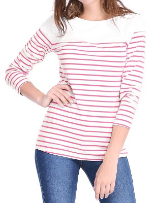 INSPIRE CHIC Women's Color Block Round Neck Long Sleeves Striped Basic T-Shirt