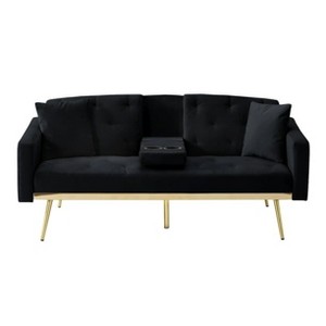 67.7"Futon Convertible Sleeper Sofa,Tufted Back,Square Arms and Golden Tapered Metal Legs,Velvet Twin Futon Sofa,Black - 1 of 4